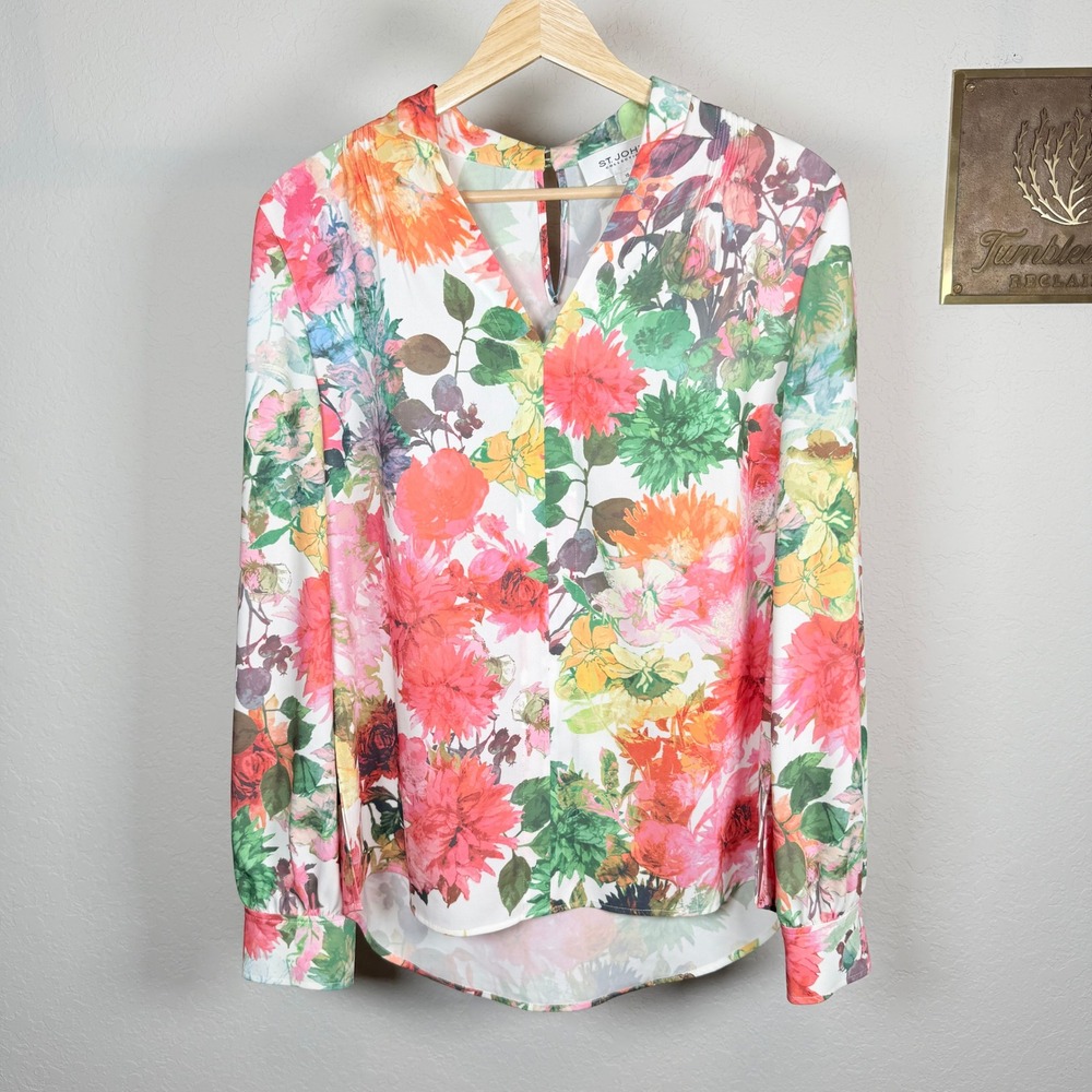 St John Collection Floral V-Neck Blouse Multi Color Long Sleeve Womens 10